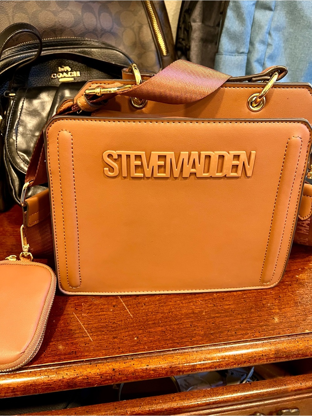 Steve Madden Tan Leather Logo Messenger Bag with Adjustable Strap